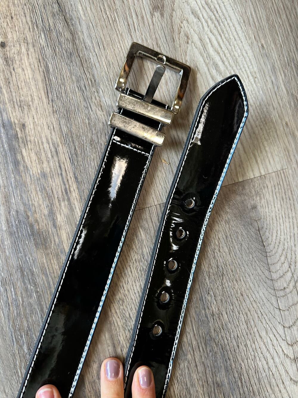 Vintage Levis Black Patent Leather Belt Mens Womens Silver Buckle Made in USA